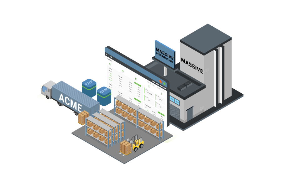 Illustration of a distributor warehouse and manufacturing operation connected to ecommerce, ERP, and CRM systems.