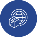 Multi-branch commerce icon with shipping box and global network symbol.