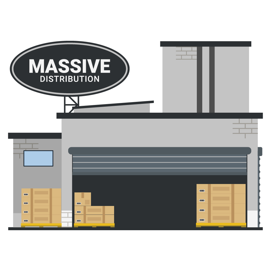 Illustration of a distribution warehouse with loading dock doors, shipping pallets, and Massive Distribution company signage.