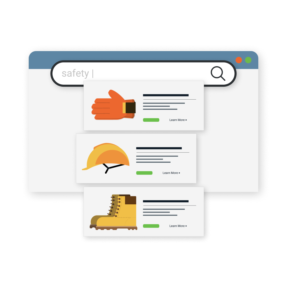 Ecommerce search interface displaying industrial safety products including gloves, helmets, and work boots.